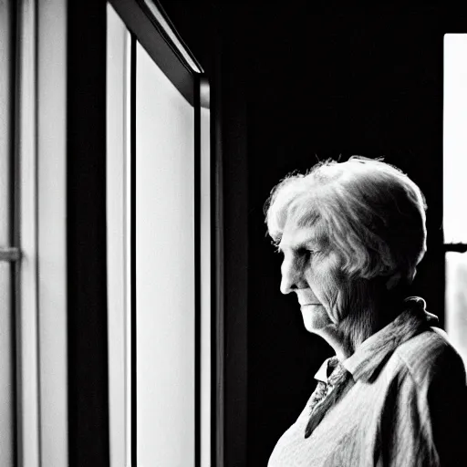 Image similar to black and white photograph portrait of a depressed mature woman standing by the window, natural light, lomo, film grain, soft vignette, sigma 85mm f/1.4 1/10 sec shutter