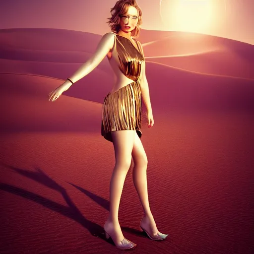 Image similar to jennifer lawrence giesha demon, innovative avant - garde art, deco fashion, asian women, highly detailed, photorealistic portrait, serene desert setting, golden hour, crisp quality and light reflections, octane render