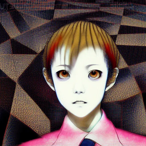 Image similar to yoshitaka amano blurred and dreamy realistic three quarter angle portrait of a young woman with short hair and black eyes wearing office suit with tie, junji ito abstract patterns in the background, satoshi kon anime, noisy film grain effect, highly detailed, renaissance oil painting, weird portrait angle, blurred lost edges