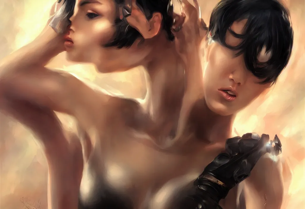 Prompt: a portrait of a beautiful girl, small horns on her head, short black hair, pixie cut, cyberpunk style, futuristic, realism, wide shot, dramatic lighting, digital art, 8k resolution, high detail, by Boris Vallejo