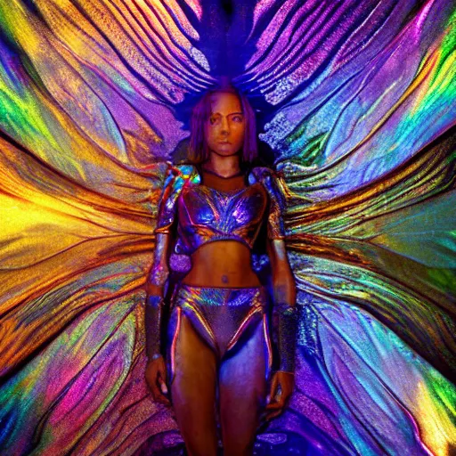 Image similar to brown woman wearing a shiny dragonfly armor. shimmering. iridiscent. thin - film interference. super detailed. layered. textured. award winning. dispersion of light. refracted lighting. soft. fragile. vunerable. extremely photorealistic. 8 k