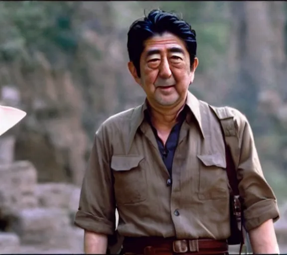 Prompt: a film still of shinzo abe in indiana jones