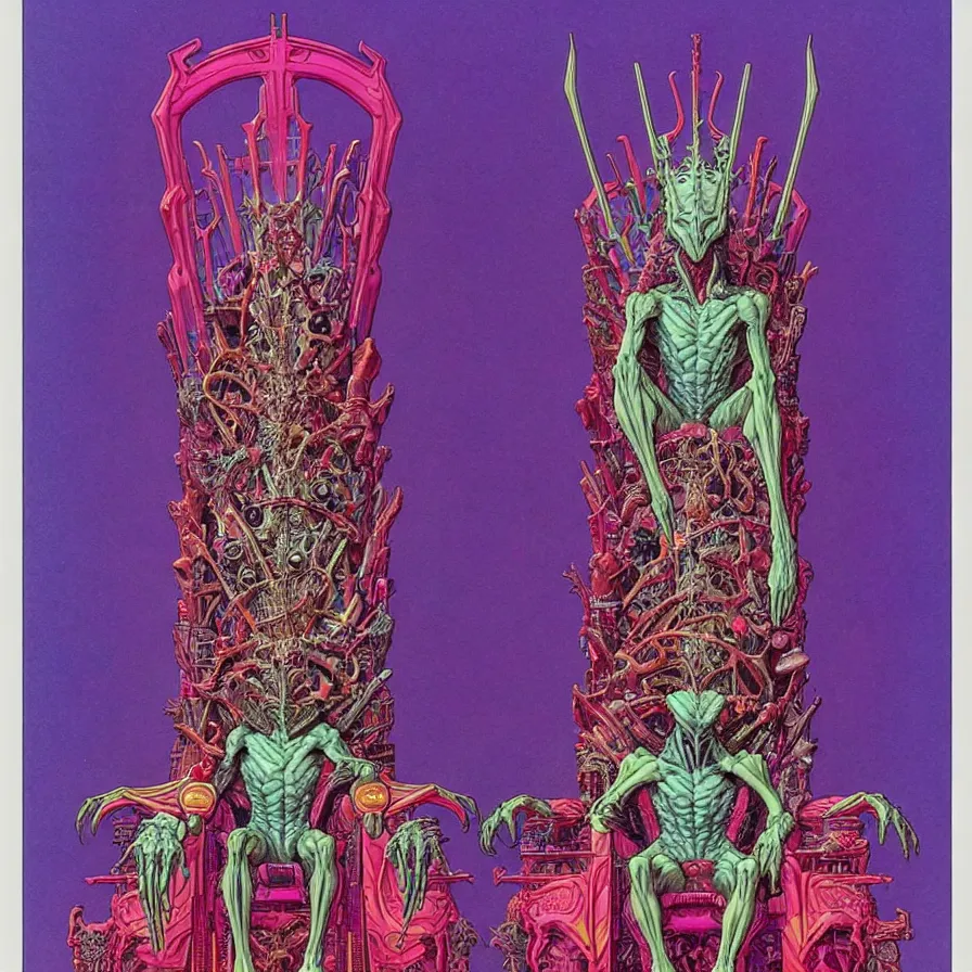 Image similar to ( ( ( ( an alien king sitting on a throne, decorative frame design ) ) ) ) by mœbius!!!!!!!!!!!!!!!!!!!!!!!!!!!, overdetailed art, colorful, artistic record jacket