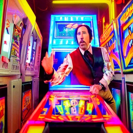 Image similar to Nicholas Cage in a 1980s arcade, colorful, dramatic lighting, intense pose, realistic photo