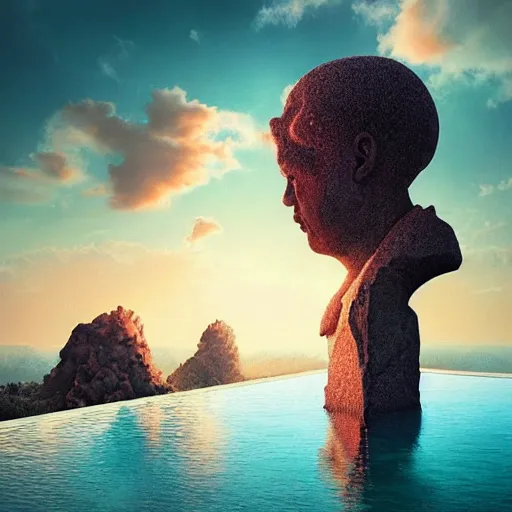 Image similar to Filip Hodas, minimalistic, hyperrealistic surrealism, award winning masterpiece with incredible details, epic stunning, infinity pool, a surreal vaporwave liminal space, highly detailed, trending on ArtStation, artgerm and greg rutkowski and alphonse mucha, daily deviation, IAMAG, broken giant marble head statue ruins, golden hour