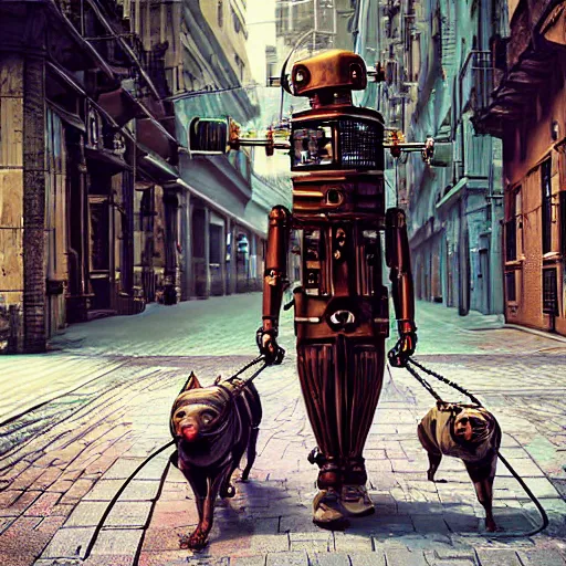 Image similar to steampunk robot walking his dog on the street photorealistic, cinematic, digital art