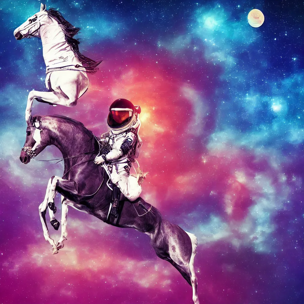 Image similar to a horse riding on an astronaut. synthwave digital art