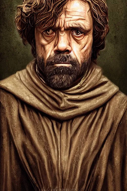 Image similar to portrait, headshot, digital painting, of a 15th century, Tyrion Lannister, old aged, middle eastern, wrinkles, wicked, desert merchant man, dark hair, amber jewels, baroque, ornate dark green clothing, scifi, futuristic, realistic, hyperdetailed, concept art, chiaroscuro, side lighting, art by waterhouse