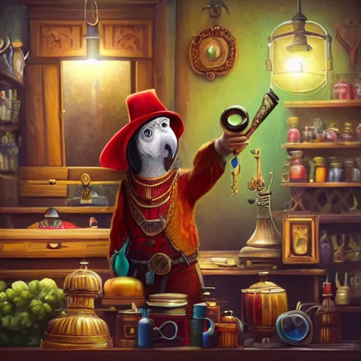 Image similar to Anthropomorphized parrot trader in his shop, portrait, items, weapons, magic potions, trinkets, carpet, lamps, window, fancy hat, sly expression, cunning expression, cute expression, long thick shiny black beak, D&D, fantasy, cinematic lighting, highly detailed, digital painting, artstation, concept art, smooth, sharp focus, illustration, warm light, cozy warm tint, magic the gathering artwork, volumetric lighting, 8k, art by Akihiko Yoshida, Greg Rutkowski