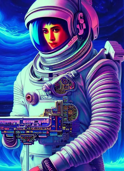 Image similar to hyper detailed ultra sharp painting of a vaporwave cyberpunk astronaut guitar musician. trending on artstation, warpaint aesthetic, earthwave, colorful, psychedelic, ornate, intricate, digital painting, concept art, smooth, sharp focus, full body, floating in space in front of saturn illustration, art by artgerm and darius zawadzki and alphonse mucha, 8 k