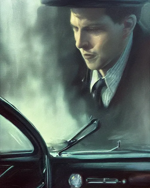 Image similar to Hyper realistic oil painting of a noir detective in his car, hyper detailed, gloomy, moody lighting, by greg rutkowski, trending on artstation