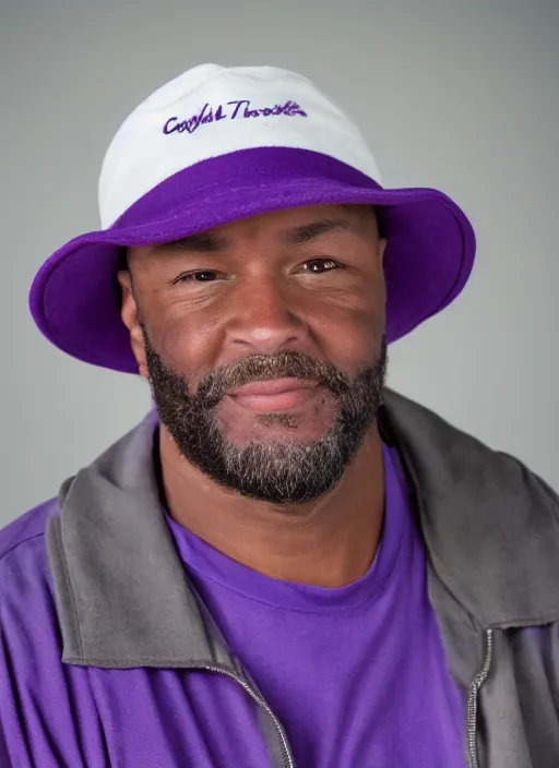 Image similar to portrait photo still of real life craig tucker wearing a purple hat and purple clothes, 8 k, 8 5 mm, f. 1 4