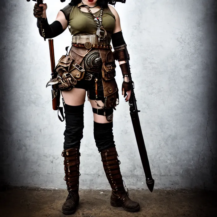 Image similar to full length photo of a very beautiful female dieselpunk warrior with weapons, 8 k, hdr, smooth, sharp focus, high resolution, award - winning photo