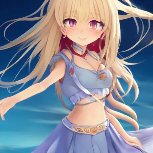 Prompt: a very beautiful young megumin, full body, long wavy blond hair, sky blue eyes, full round face,, bikini, miniskirt, front view, mid - shot, highly detailed, cinematic wallpaper by stanley artgerm lau