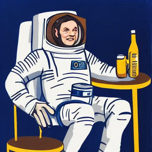 Image similar to astronaut relaxing on a chair with a bottle in the style of albright, ivan