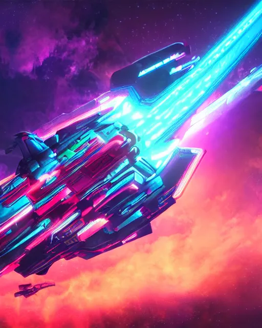 Image similar to Detailed epic render of scifi space battleship with vivid neon colors and atmosphere