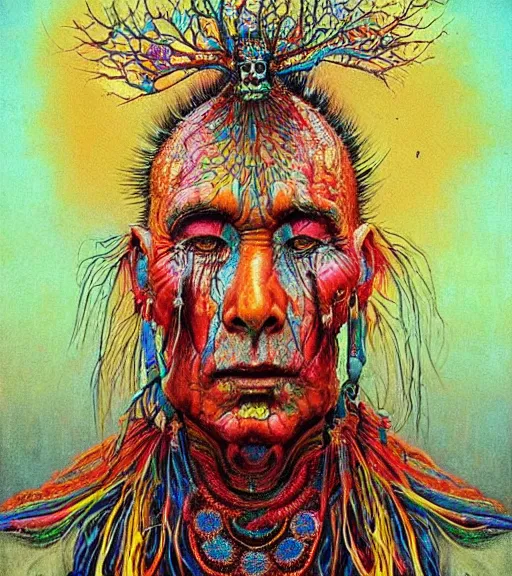Image similar to Portrait painting in a style of Beksinski mixed with Alex Grey of an old shaman dressed in a colorful traditional clothes. Very psychodelic