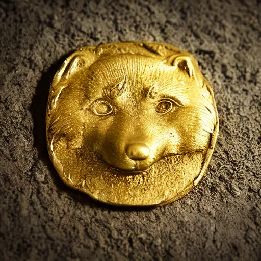 Prompt: an ancient roman gold coin with the face of a shiba inu, close up photo, ultra realistic, studio photo, bokeh. intricate details.