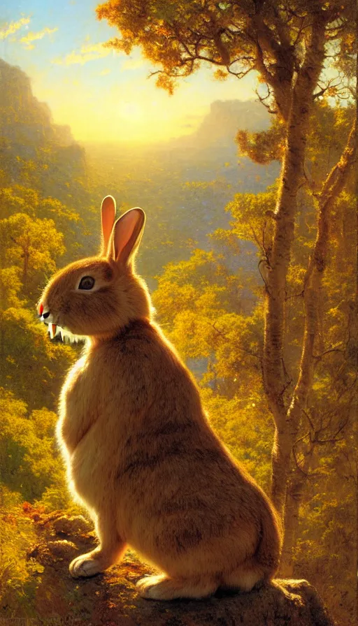 Image similar to hyper realistic rabbit looking off of a cliff, sun setting behind rabbit, lush forest in valley below, painted by gaston bussiere, craig mullins, j. c. leyendecker 8 k