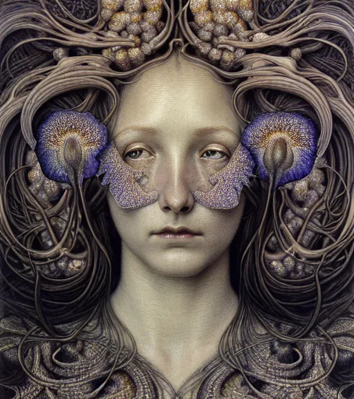 Image similar to detailed realistic beautiful iris goddess face portrait by jean delville, gustave dore, iris van herpen and marco mazzoni, art forms of nature by ernst haeckel, art nouveau, symbolist, visionary, gothic, neo - gothic, pre - raphaelite, fractal lace, intricate alien botanicals, ai biodiversity, surreality, hyperdetailed ultrasharp octane render