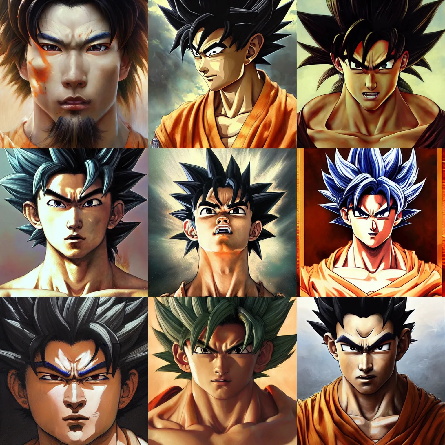 Prompt: a masterpiece portrait painting of son goku, ultra realistic, concept art, intricate details, eerie, highly detailed, photorealistic, art by artgerm and greg rutkowski and alphonse mucha