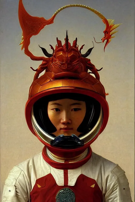 Image similar to portrait of a astronaut is a chinese dragon in armor and helmet, majestic, solemn, by bouguereau