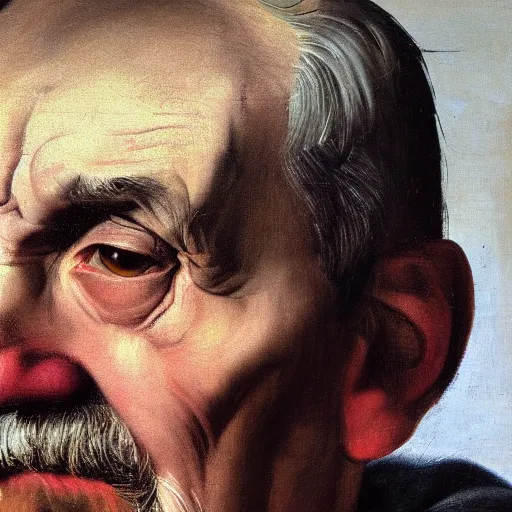 Image similar to detailing character concept portrait of old man by Caravaggio, on simple background, oil painting, middle close up composition