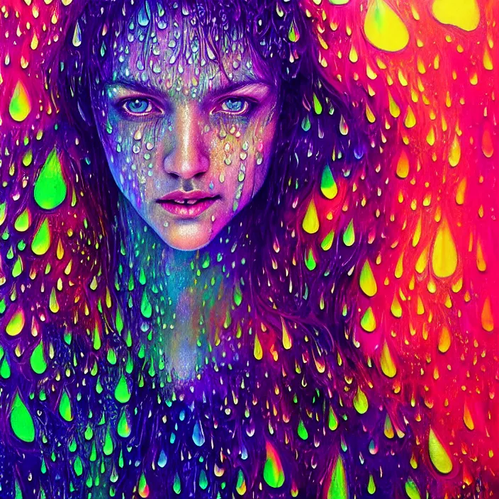 Image similar to bright psychedelic portrait with rain on face and wet hair, wings, smiling, diffuse lighting, fantasy, intricate, elegant, highly detailed, lifelike, photorealistic, digital painting, artstation, illustration, concept art, smooth, sharp focus, art by John Collier and Albert Aublet and Krenz Cushart and Artem Demura and Alphonse Mucha