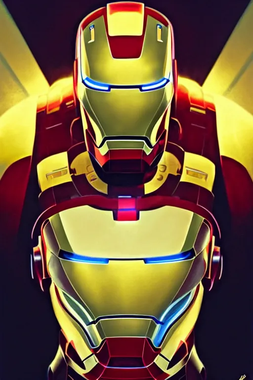 Image similar to Boris Johnson as Iron Man, no helmet, visible face, portrait, neon heart reactor, gold and blue, highly detailed, digital painting, artstation, concept art, smooth, sharp focus, illustration, cinematic lighting, art by artgerm and greg rutkowski and alphonse mucha