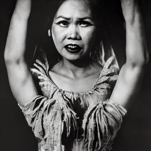 Image similar to A Filipino woman wearing demonic clothes, portrait, by Philippe Halsman