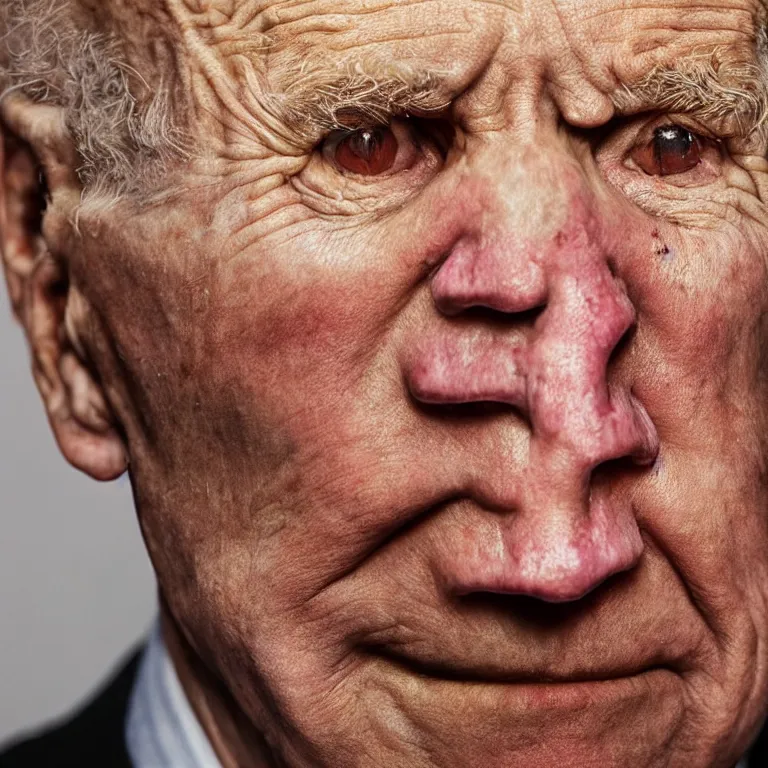 Prompt: hyperrealistic close up studio portrait of aging old Joe Biden age 103 wrinkled sad, oil painting by Ivan Albright and Lucian Freud and Ron Mueck, trending on artstation Studio lighting hyperrealism