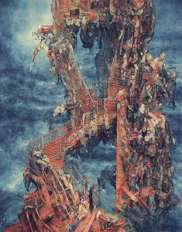 Image similar to worshippers in robes ascend a spiral staircase in a lighthouse, spiral staircase, high detailed beksinski painting, part by adrian ghenie and gerhard richter. art by takato yamamoto. masterpiece, deep colours, blue