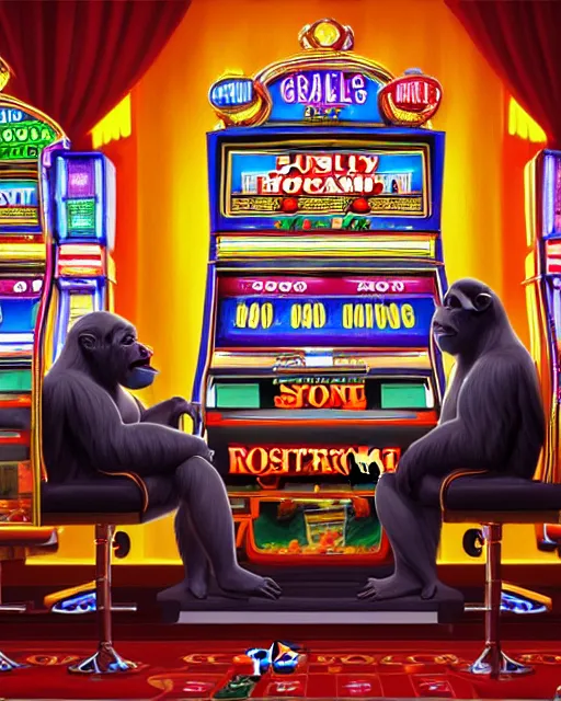 Image similar to highly detailed vfx portrait of 3 gorillas playing slot machines in a casino gambling, photorealistic, airbrushed, unreal engine, greg rutkowski, loish, rhads, beeple, makoto shinkai and lois van baarle, ilya kuvshinov, rossdraws, tom bagshaw, alphonse mucha, global illumination, detailed and intricate environment