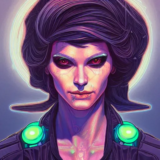 Image similar to portrait painting of a cyberpunk androgynous elf with beautiful flowing black hair and eyes, sharp focus, award - winning, trending on artstation, masterpiece, highly detailed, intricate. art by josan gonzales and moebius and deathburger