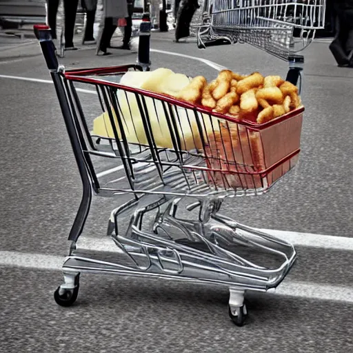 Prompt: a photo realistic battered shopping cart