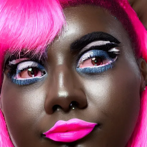 Image similar to A selfie of an alternative styled black woman with pink pig tails and lush makeup, 8k, photorealistic