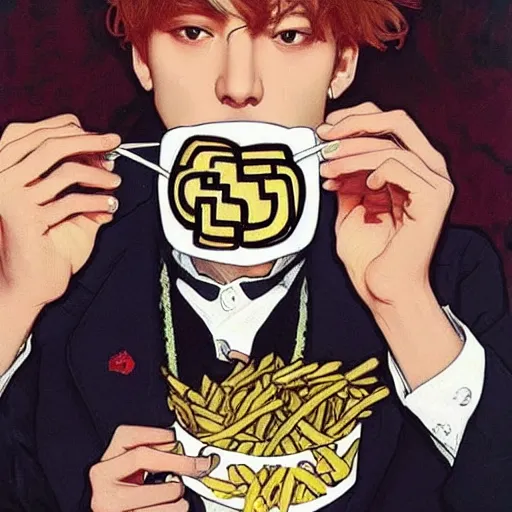 Prompt: taehyung eating gucci fries, 6 0 0 0 dollar fries fried by gucci by alphonse mucha