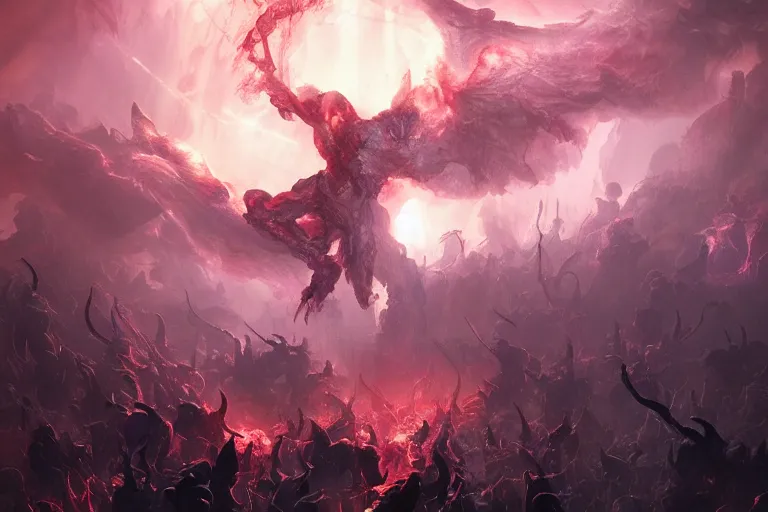 Prompt: an intense beam of light burning down a horde of demons, digital painting, mixed media, trending on artstation and deviantart, epic composition, highly detailed, 8 k