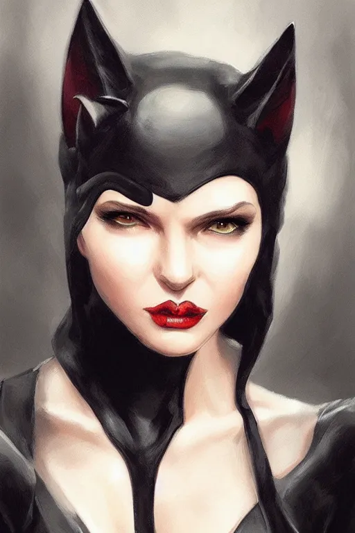 Image similar to beautiful aesthetic three-quarter portrait of Catwoman by wlop and Julia Razumova, headshot, deviantArt, trending on artstation, artstation HQ