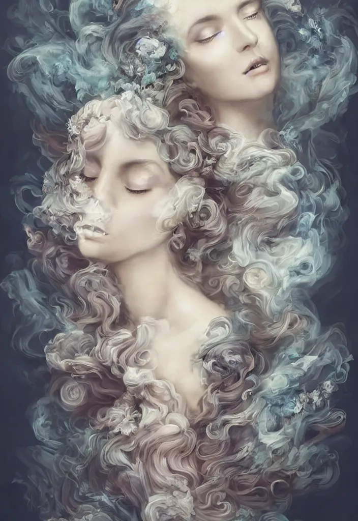 Prompt: beautiful, haunting young woman made out of smoke and clouds, in renaissance times, detailed gorgeous face, flowing hair and gown, vaporwave aesthetic, synthwave long luxurious gown made out of pearls, hair done up with flowers and ribbons, digital art, butterflies, birds, digital painting, artstation, concept art, smooth, sharp focus, illustration, art by artgerm and greg rutkowski and alphonse mucha