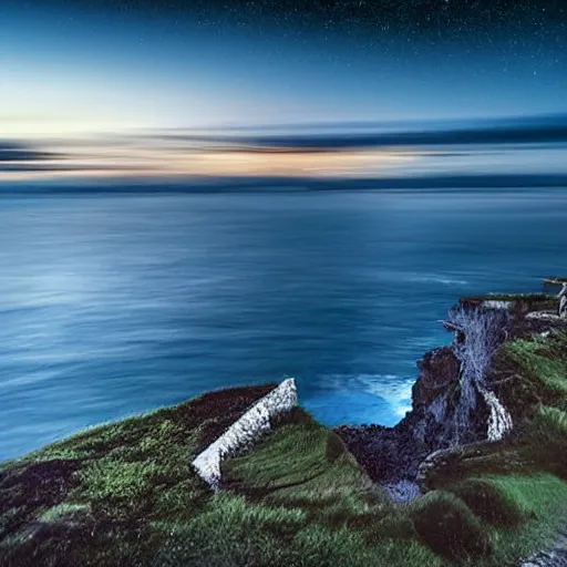 Image similar to micro - hurricane, blue hour, early night, deep blue atmosphere, scattered islands, sea, ocean, low pressure system, cloud with eye, very windy, late evening, distant hotel retreat on cliffside, shining lights on cliff side, polaroid photograph