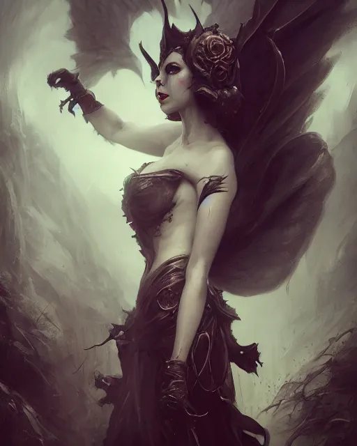 Image similar to bastien lecouffe deharme and wlop detailed portrait digital rococo painting of a beautiful serious villainess wearing fantasy clothing like liliana vess, villainess has black angel wings, evil mood, hellish battlefield in the background, unreal engine, embers flying, hyper realism, realistic shading, cinematic composition, blender render, octane render, ultrawide shot