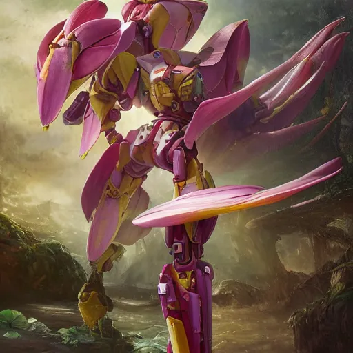 Prompt: futuristic nymphaea mecha waterlily upper body, beefy arms, flower claws, sepals forming helmet, floral details, nymphaea, 8 k hd resolution, barbatos gundam with floral inlay, bandai box art, star wars, makoto kobayashi, frank gehry, raymond swanland