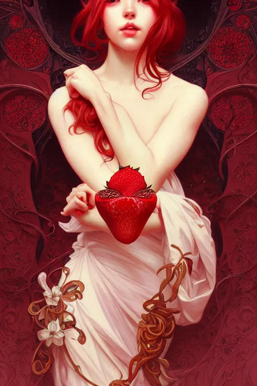 Image similar to strawberry creme, dark fantasy, intricate, elegant, highly detailed, digital painting, artstation, concept art, matte, sharp focus, illustration, art by artgerm and alphonse mucha