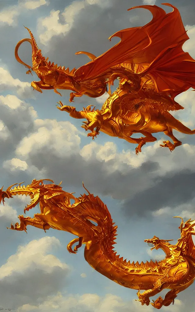 Image similar to pablo carpio's painting of a golden dragon in clouds, coloured