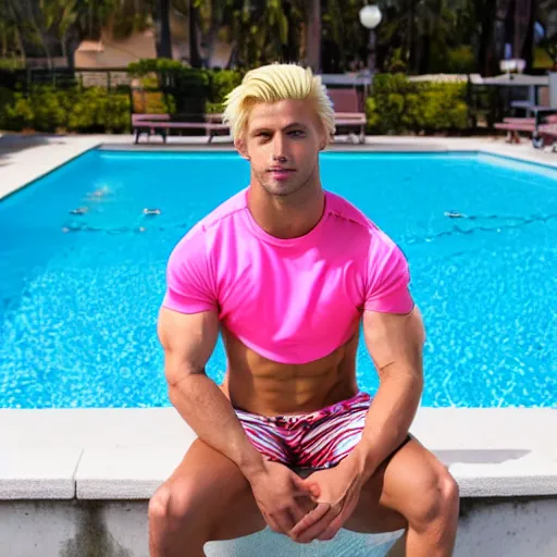 Image similar to a handsome male fitness model with blonde hair, ken, who is a male android, muscular, wearing a cut - off pink top and short light orange shorts, stands by a swimming pool, facing forward