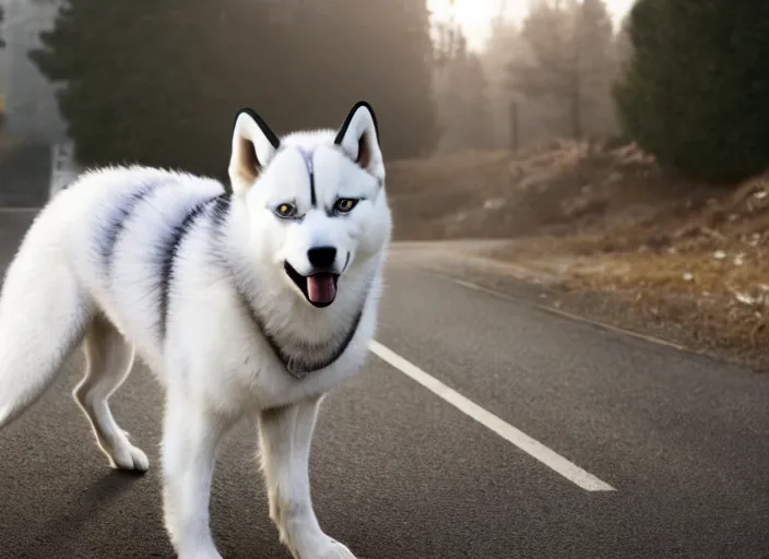 Image similar to film still of an anthropomorphic upright white vested husky in a white vest wearing a white vest in the new sci - fi movie, 8 k