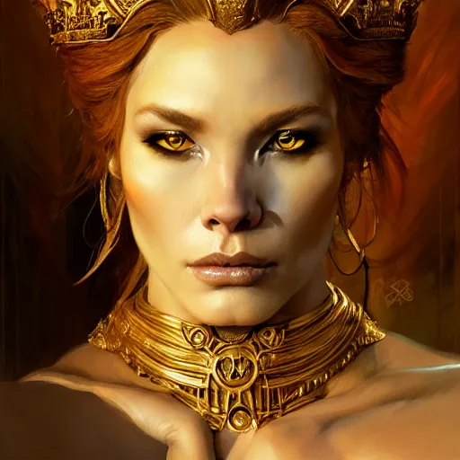 Prompt: highly detailed portrait of a majestic lioness queen in the form of a beautiful woman. d & d, art by gerald brom and ruan jia. trending on artstation, intricate details, energetic composition, golden ratio, concept art, illustration, elegant art