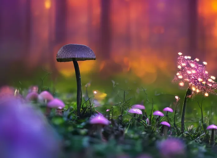 Image similar to a magical forest with delicate flowers and mushrooms that glow in the dusk, macro close up, bokeh,