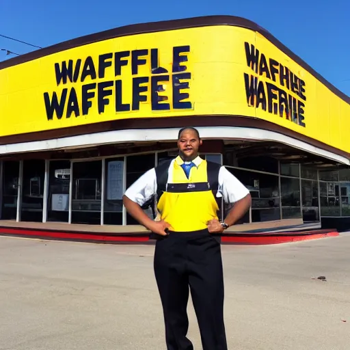 Image similar to wafflehouse employee's standing below wafflehouse sign, employees uniform is blue and black with yellow name tags